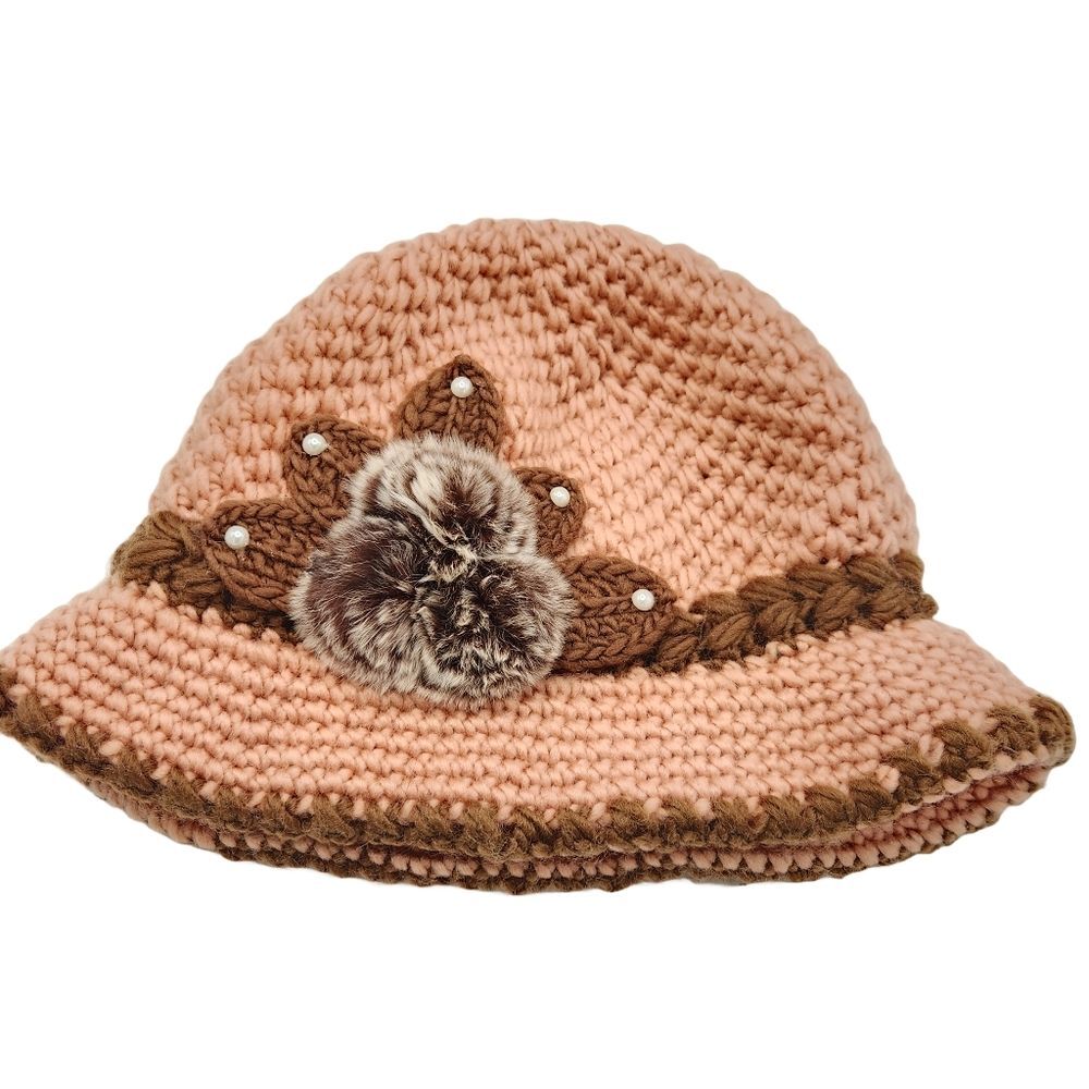 Vintage Style Handmade Crochet Knit Cloche Hat Fur Pearl Floral Detail S/M - Picture 7 of 8
